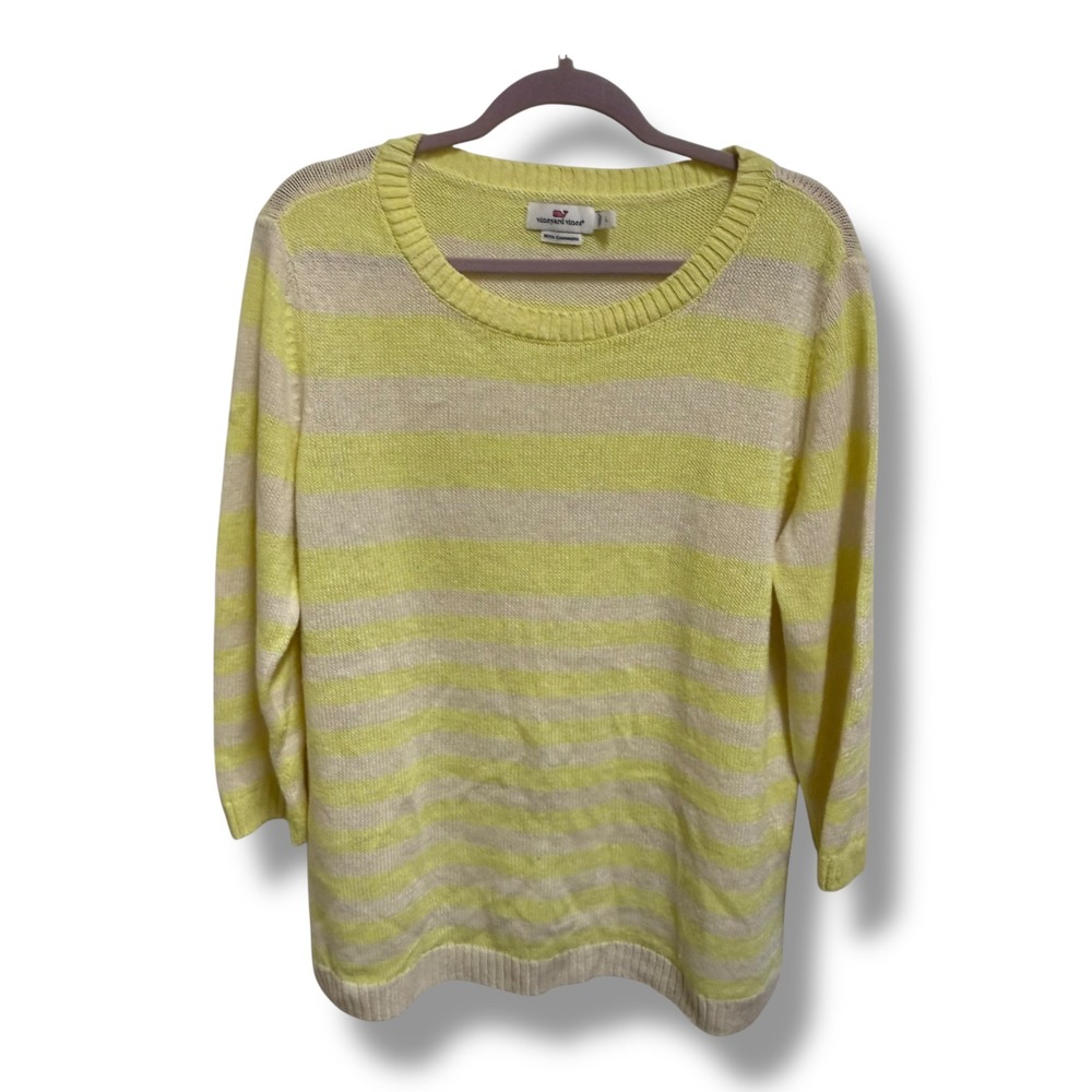 Vineyard Vines Womens Yellow Striped Linen Cashmere Blend Sweater L 3/4 Sleeve‎